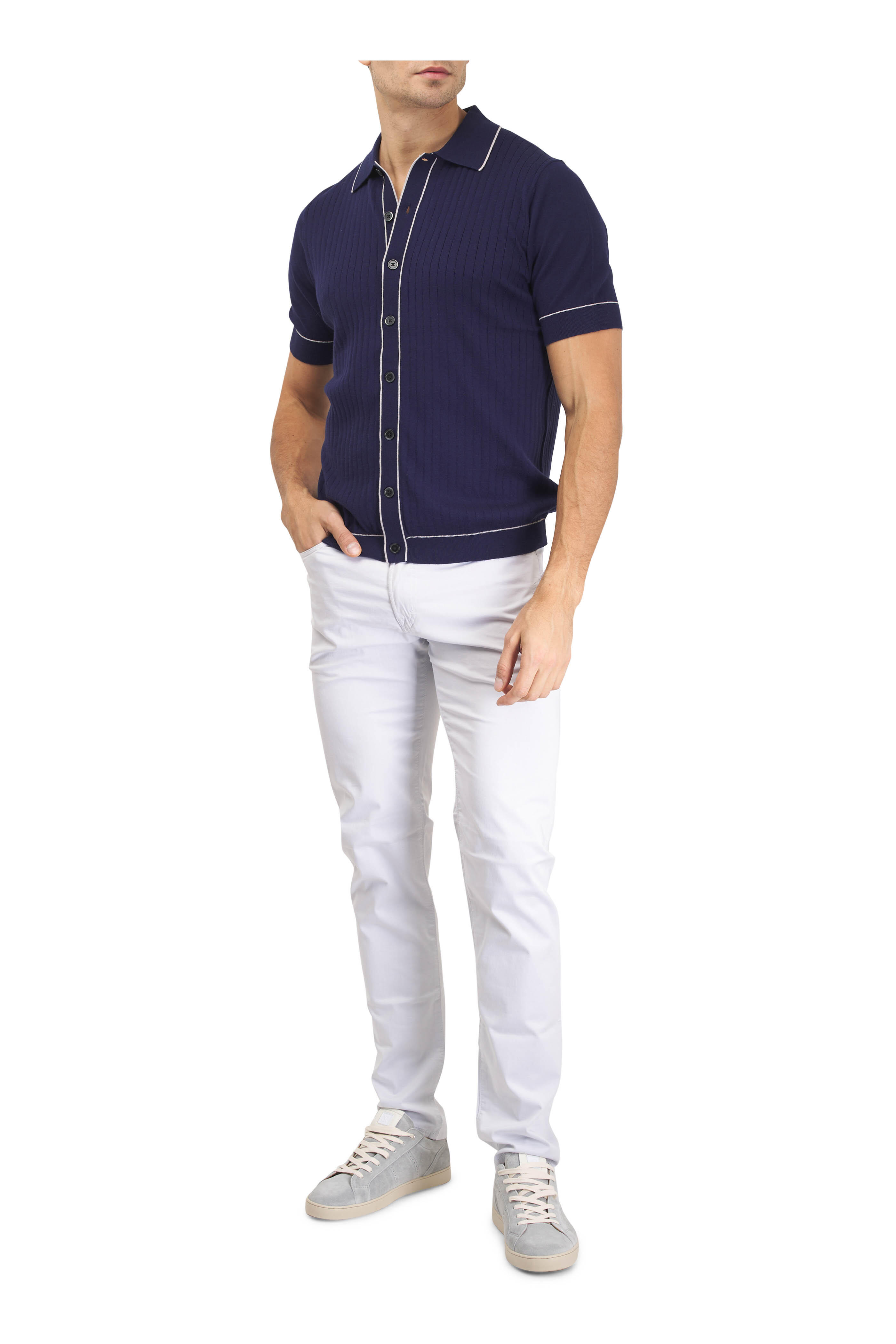 Patrick Assaraf - Midnight Drop Needle Tipped Ribbed Knit Shirt