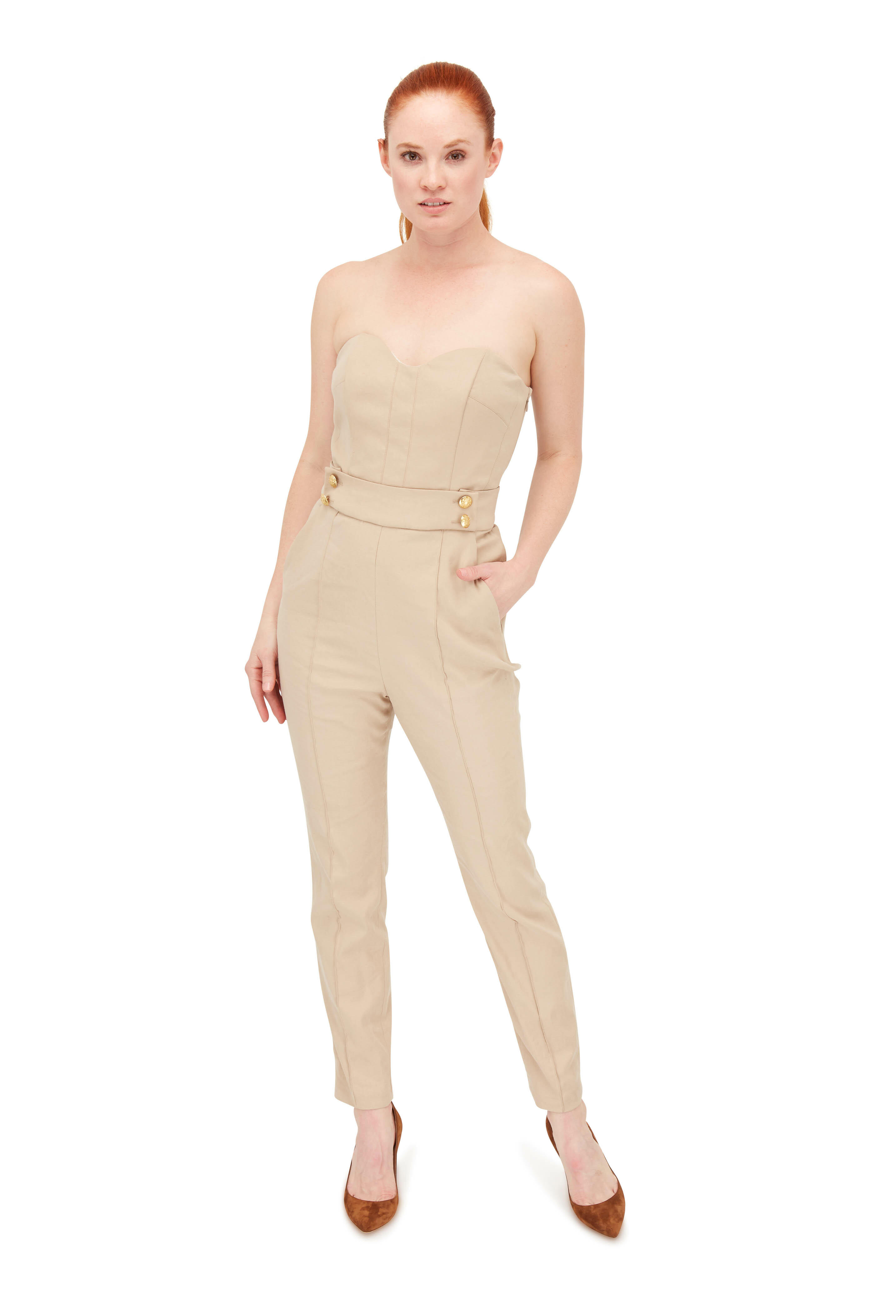 Veronica Beard - Joanna Khaki Stretch Linen Strapless Jumpsuit