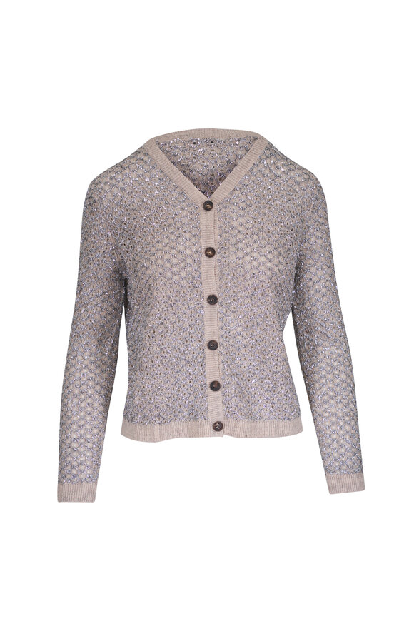 Lafayette 148 New York Taupe Multi Metallic Pointelle Cardigan