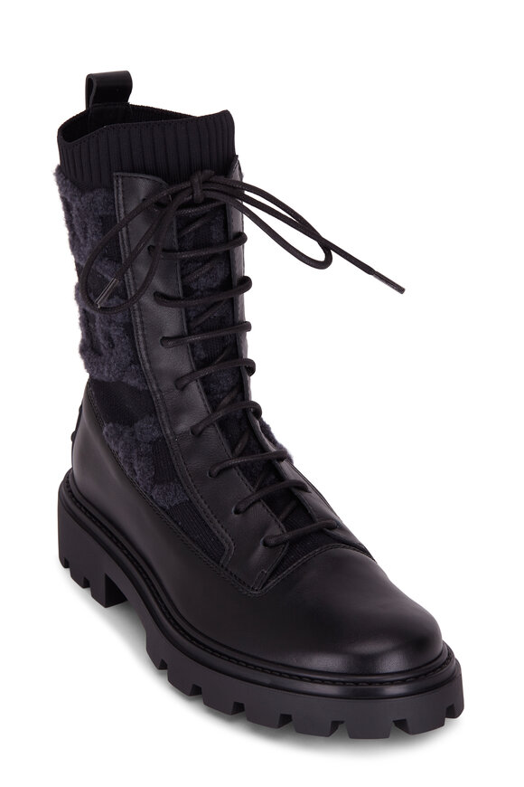 Tod's - Gomma Black Chain Knit & Leather Combat Boot