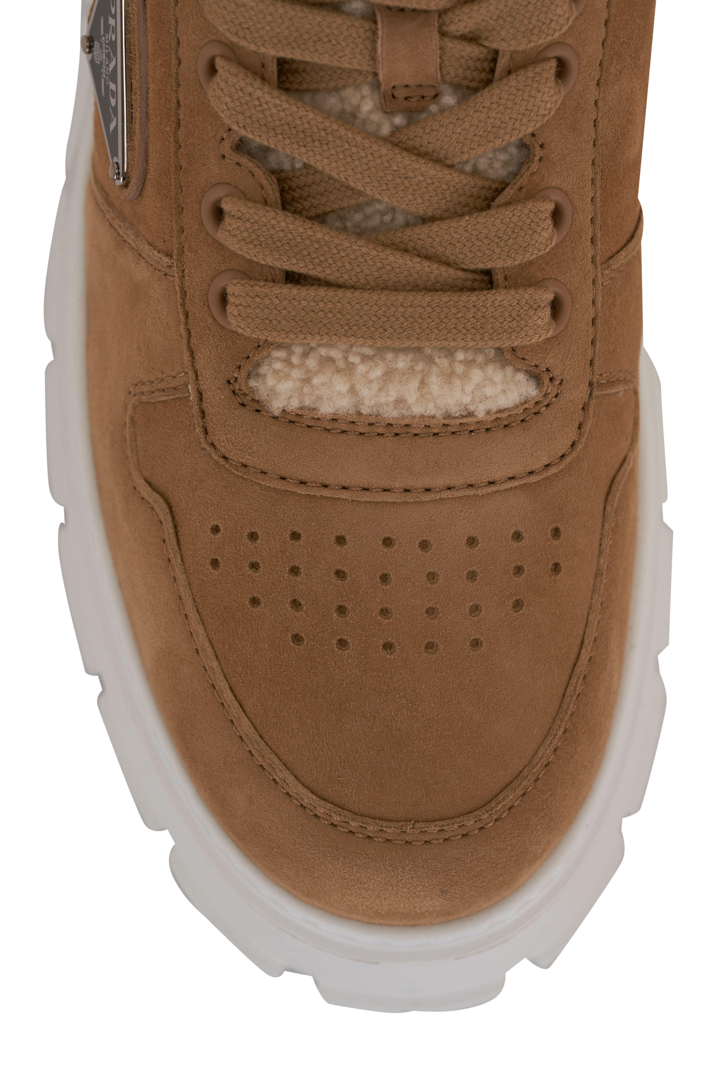 Prada - Ecru Suede Shearling Flatform Sneaker | Mitchell Stores