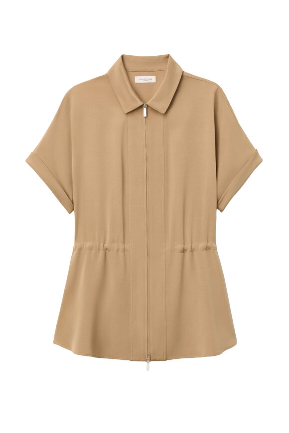 Lafayette 148 New York Khaki Stretch Silk Georgette Zip Front Blouse - view 6