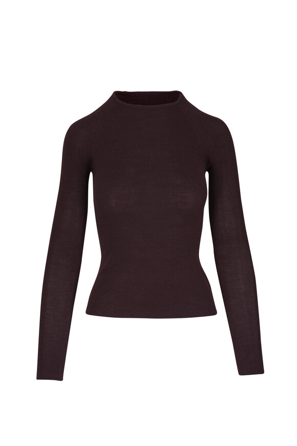 Majestic Chocolate Ribbed Wool & Silk Crewneck Top