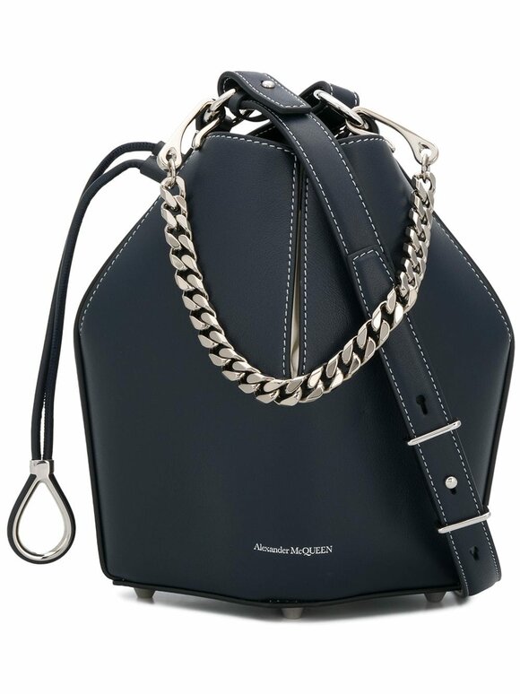 McQueen - Navy Blue & White Leather Small The Bucket Bag