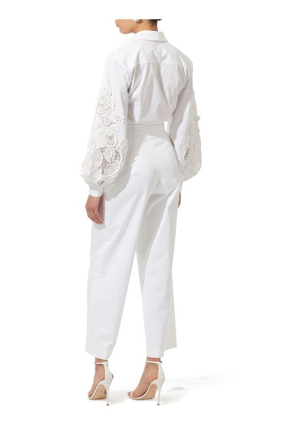 Carolina Herrera - White Cotton Embellished Lace Puff Sleeve Blouse 