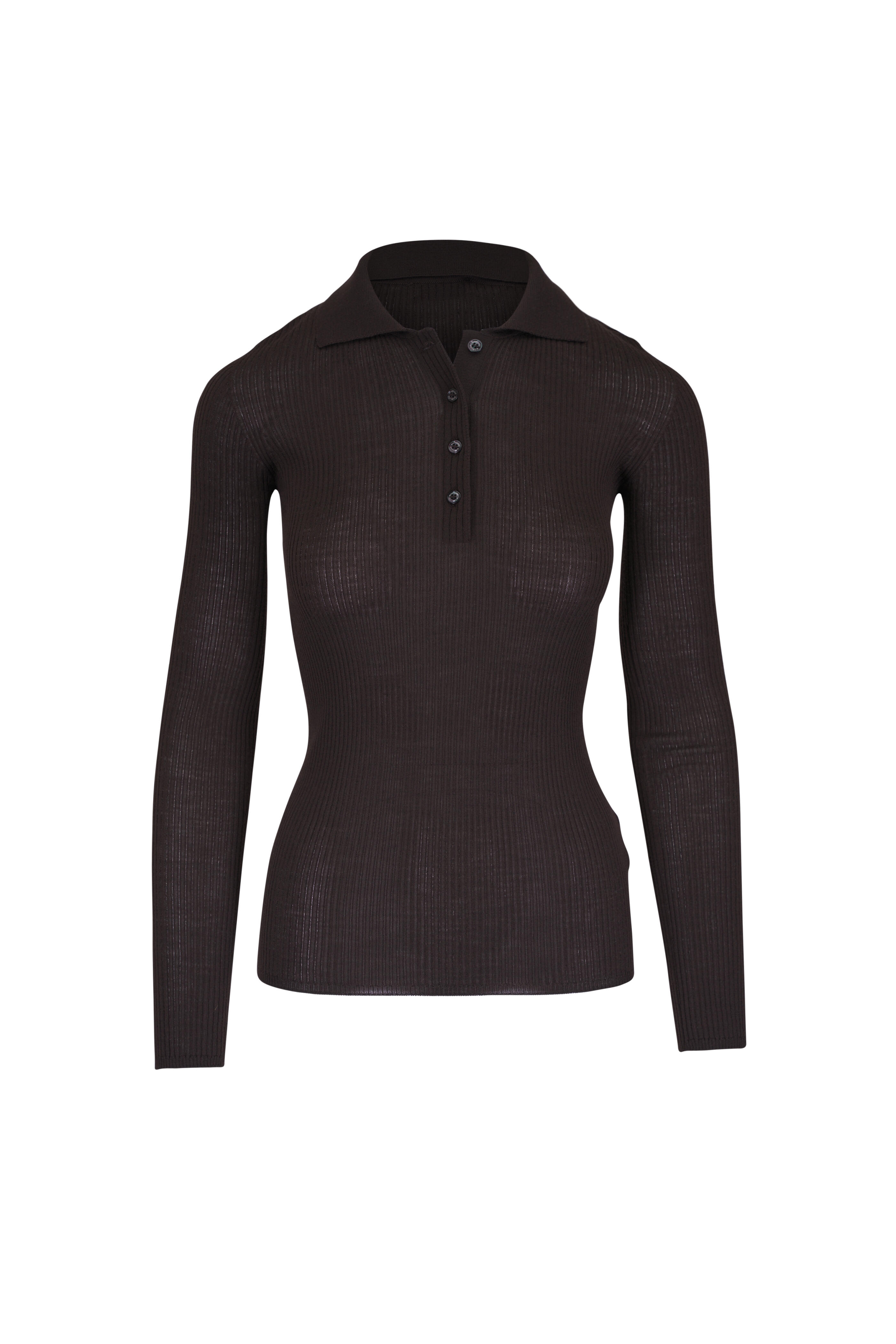 Moncler - Brown Wool Ribbed Long Sleeve Polo