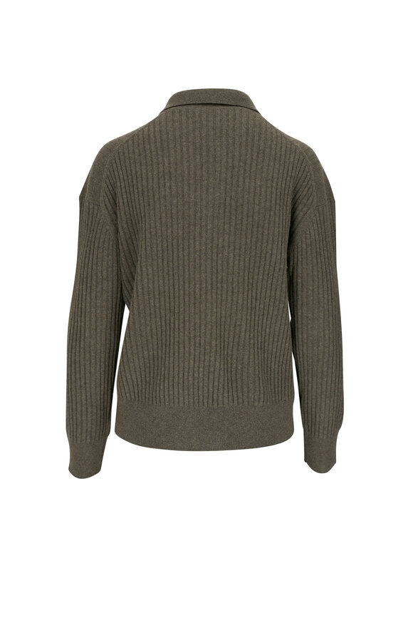 Nili Lotan - Ramona Army Green Ribbed Wool Polo Sweater 