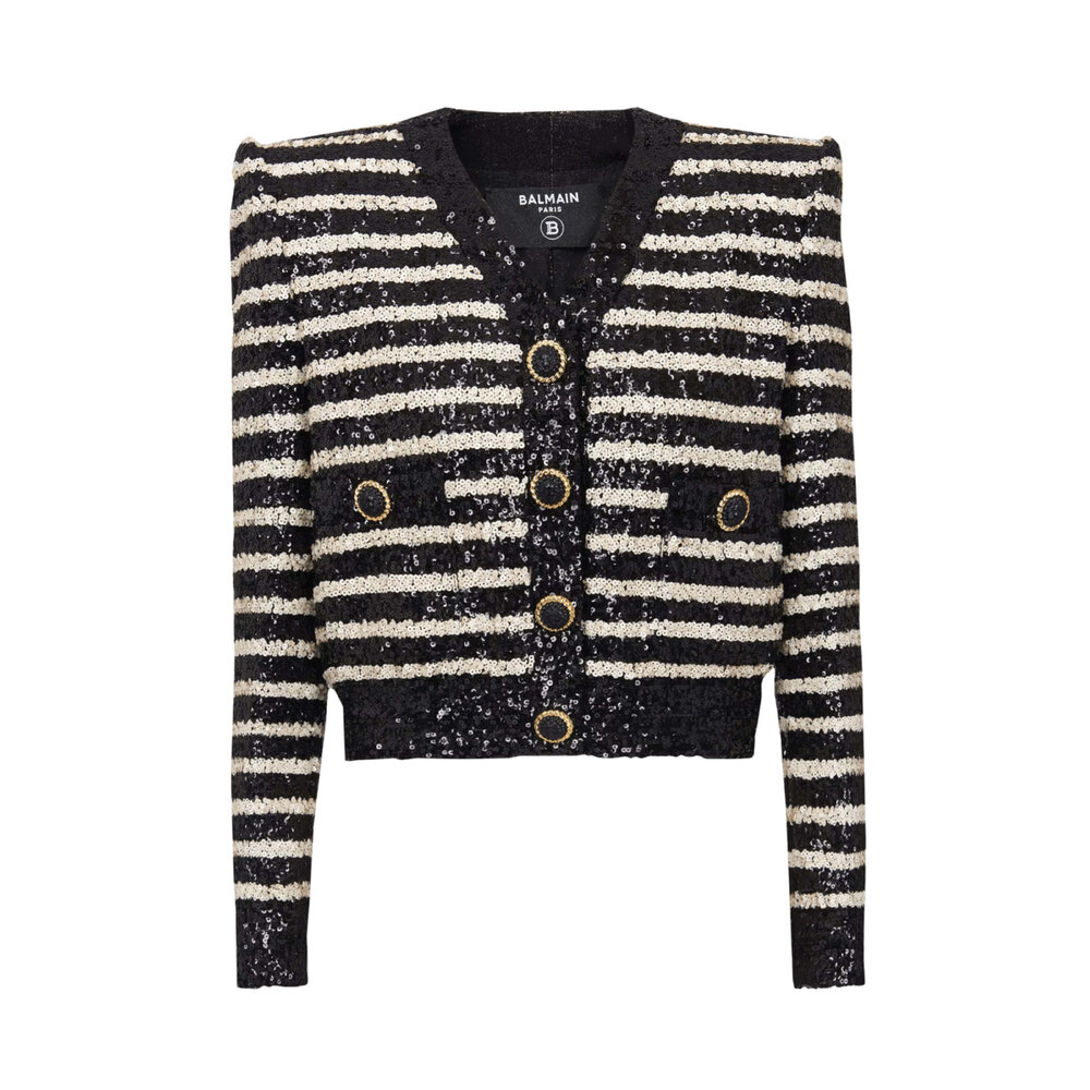 Balmain - Noir and Blanc Stripe Glittered Jacket