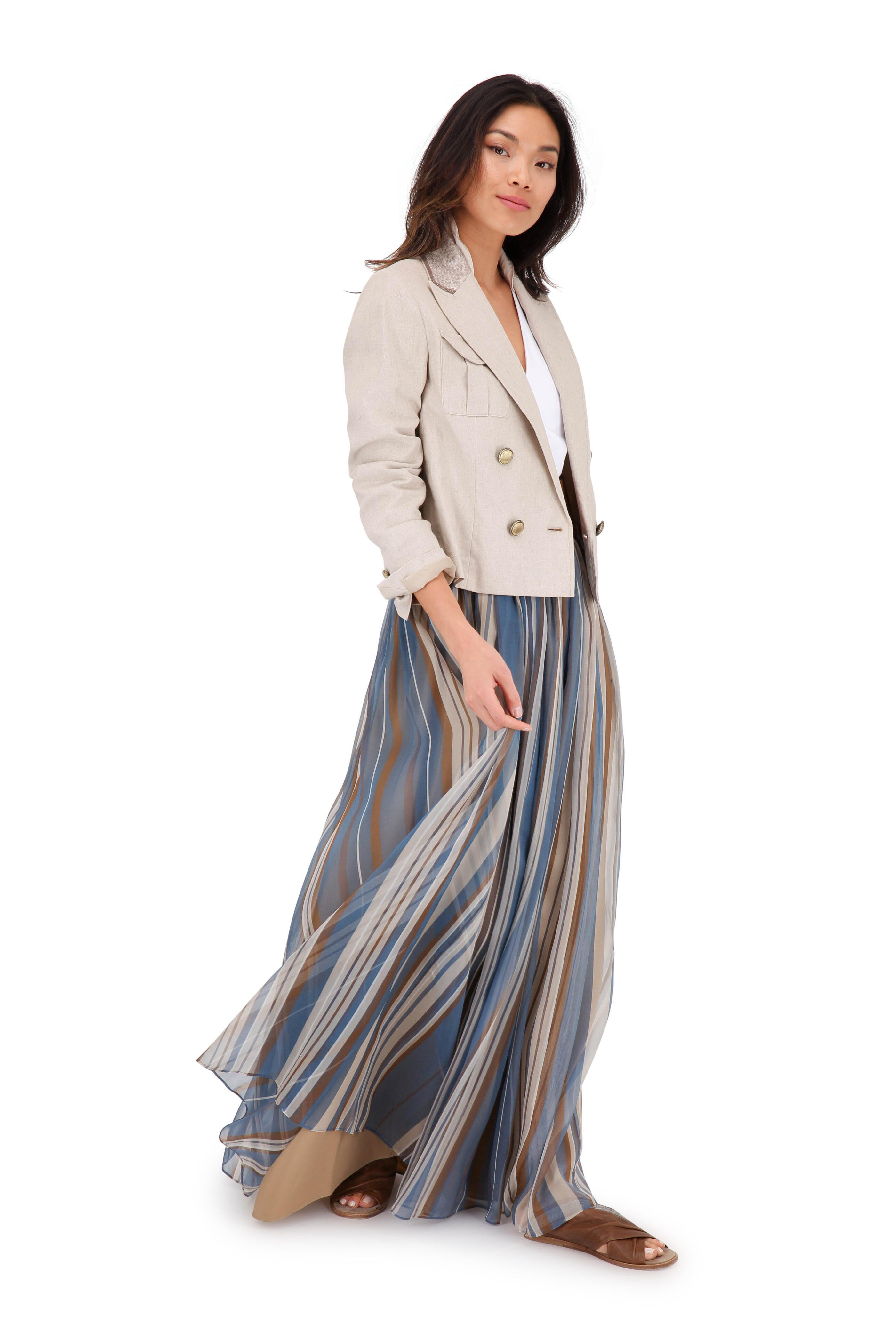 Brunello Cucinelli - Petrol Organza Vertical Striped Maxi Skirt