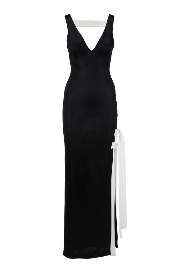 Galvan - Laced Black Jersey Side Tie V-Neck Gown