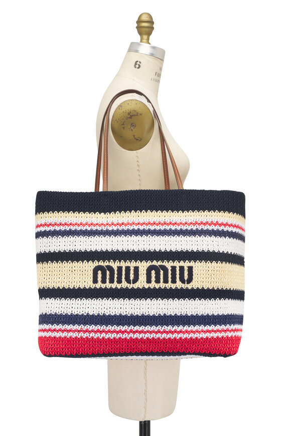 Miu Miu Tessuto Red, White, & Natural Stripe Motif Tote - view 5