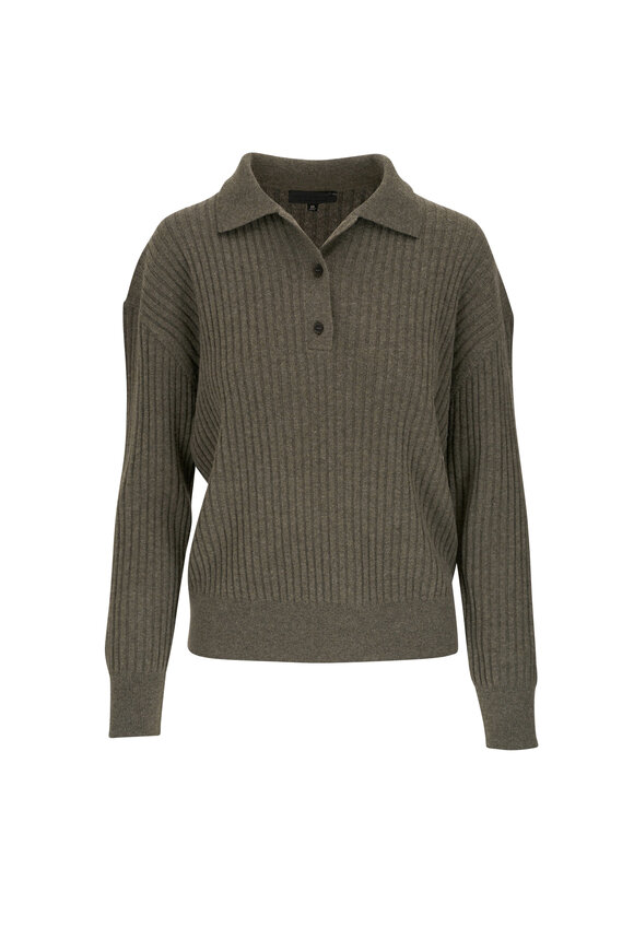 Nili Lotan - Ramona Army Green Ribbed Wool Polo Sweater 