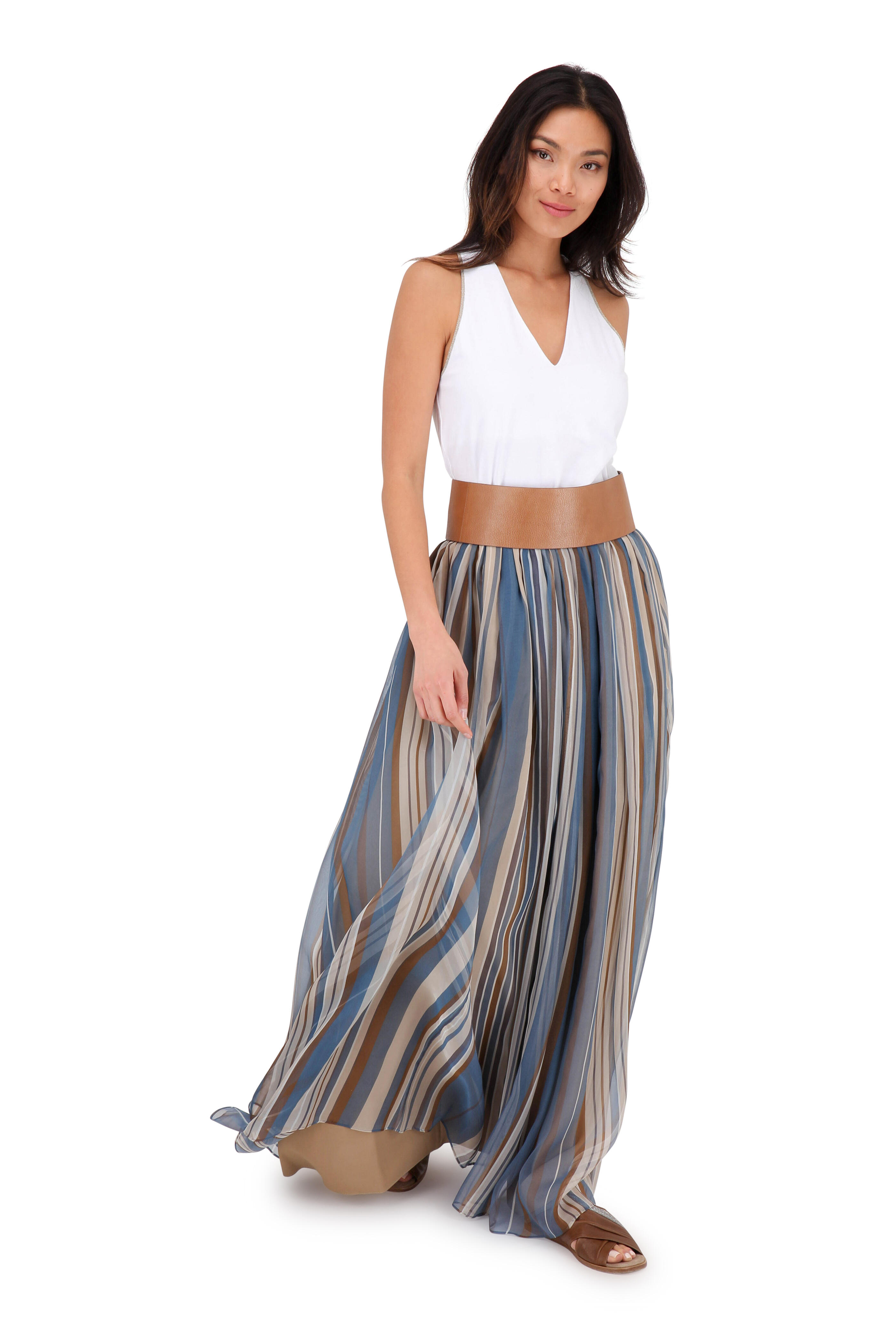 Brunello Cucinelli - Petrol Organza Vertical Striped Maxi Skirt