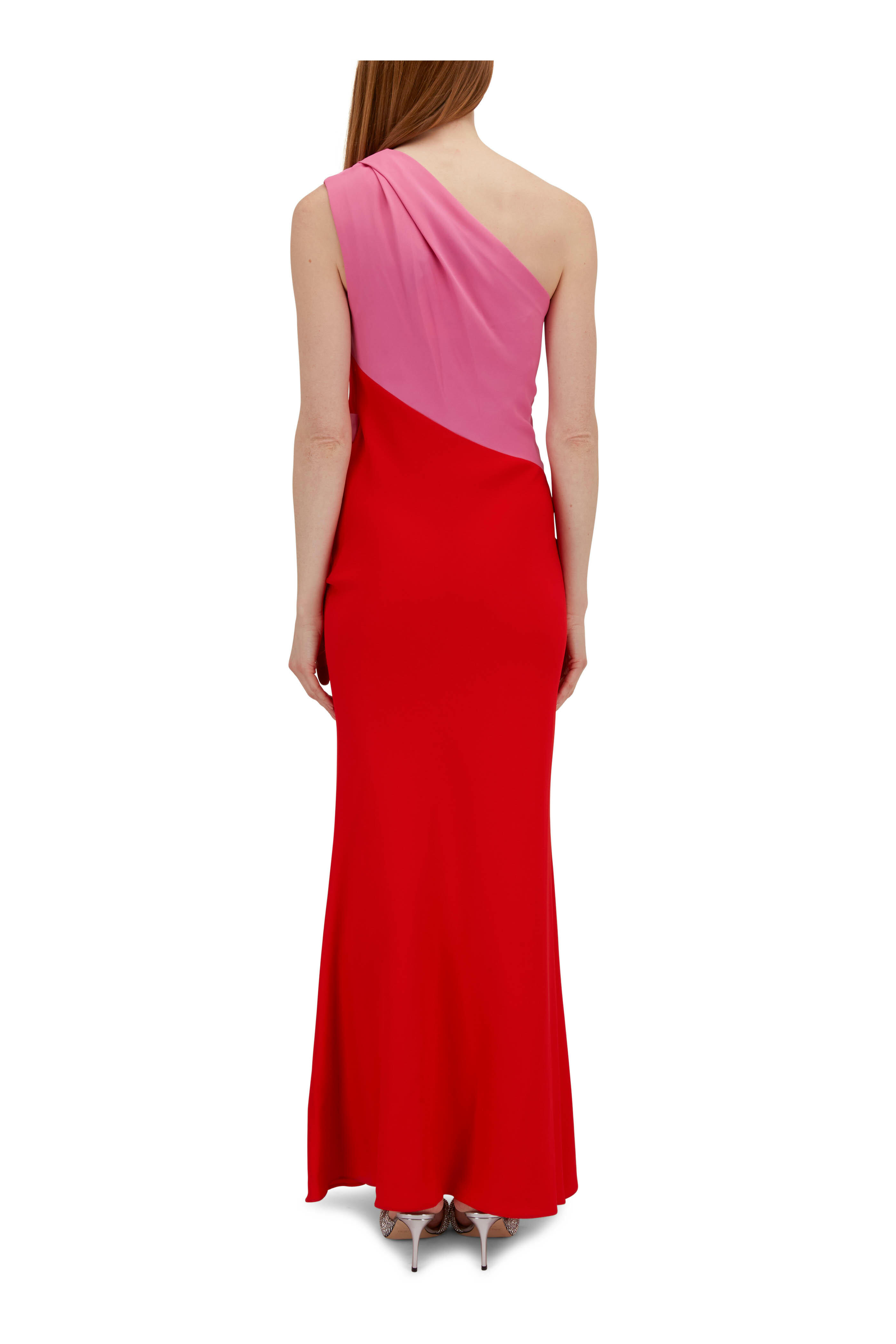 Roland Mouret Red Pink Asymmetric Stretch Cady Maxi Dress