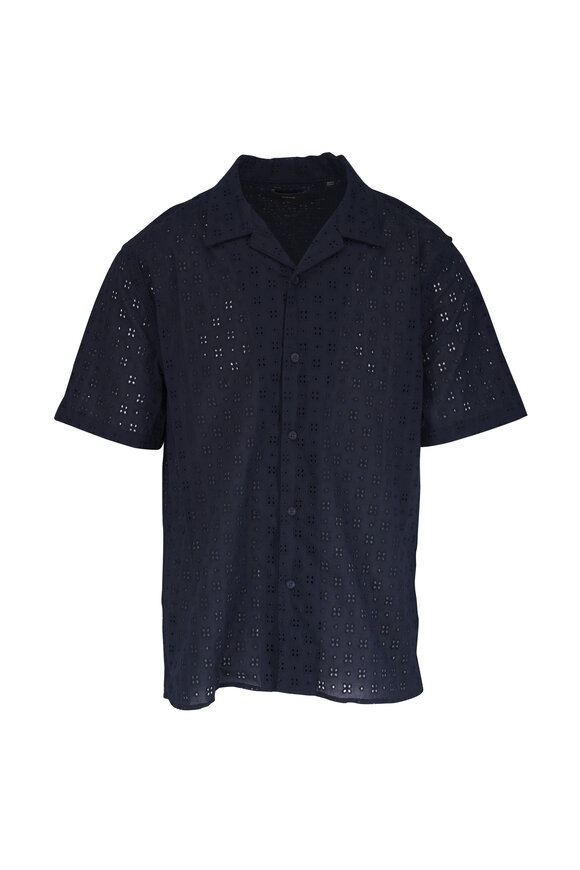 Vince Coastal Blue Eyelet Knit Cotton Button Down Shirt - view 1