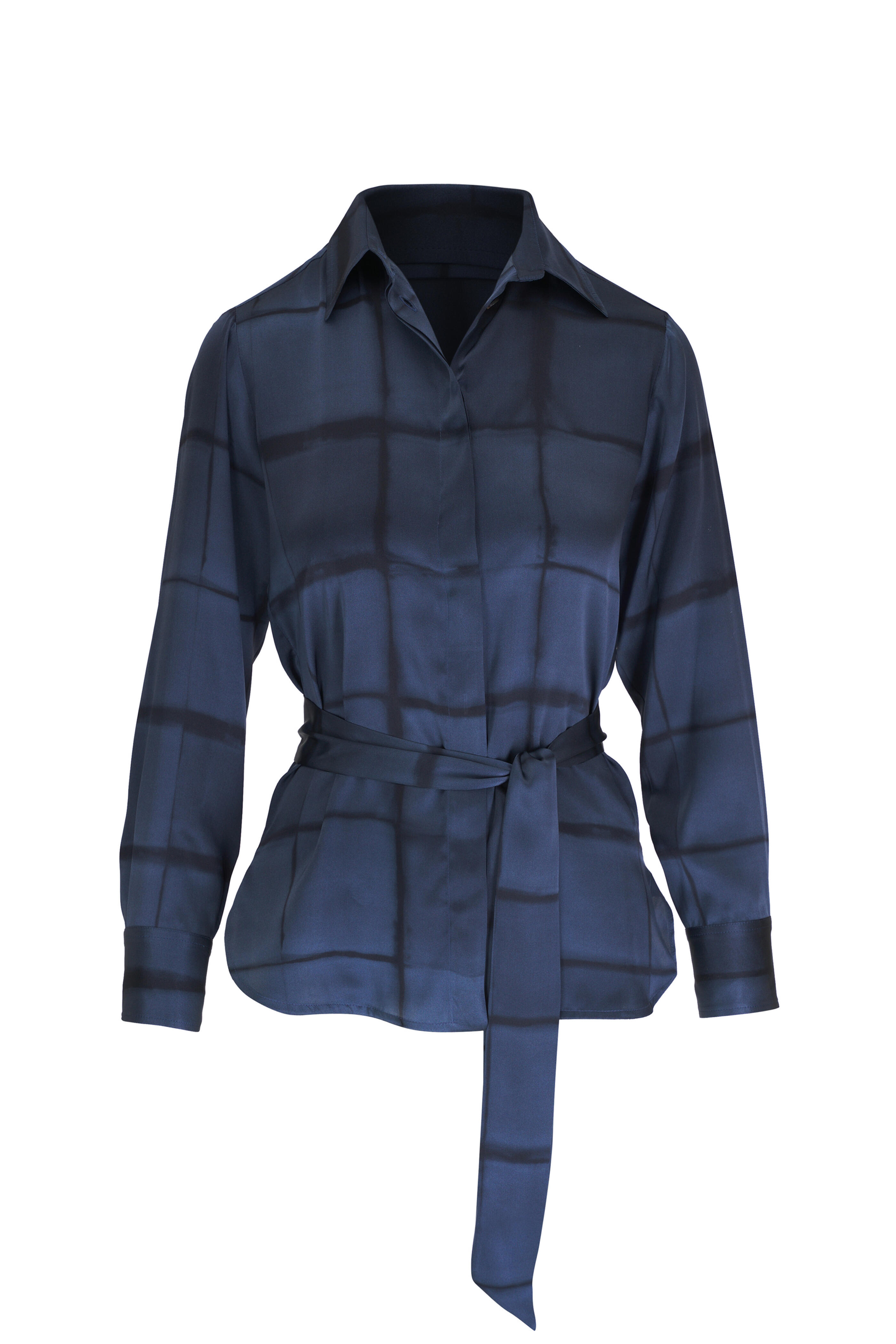 Kiton - Blue Shadow Check Silk Blouse