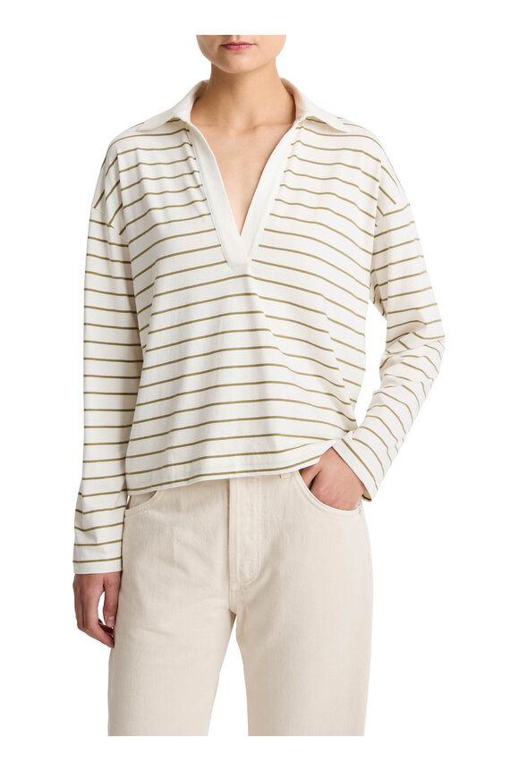 Vince Olive Stone Combo Stripe Cotton Long Sleeve Polo - view 2