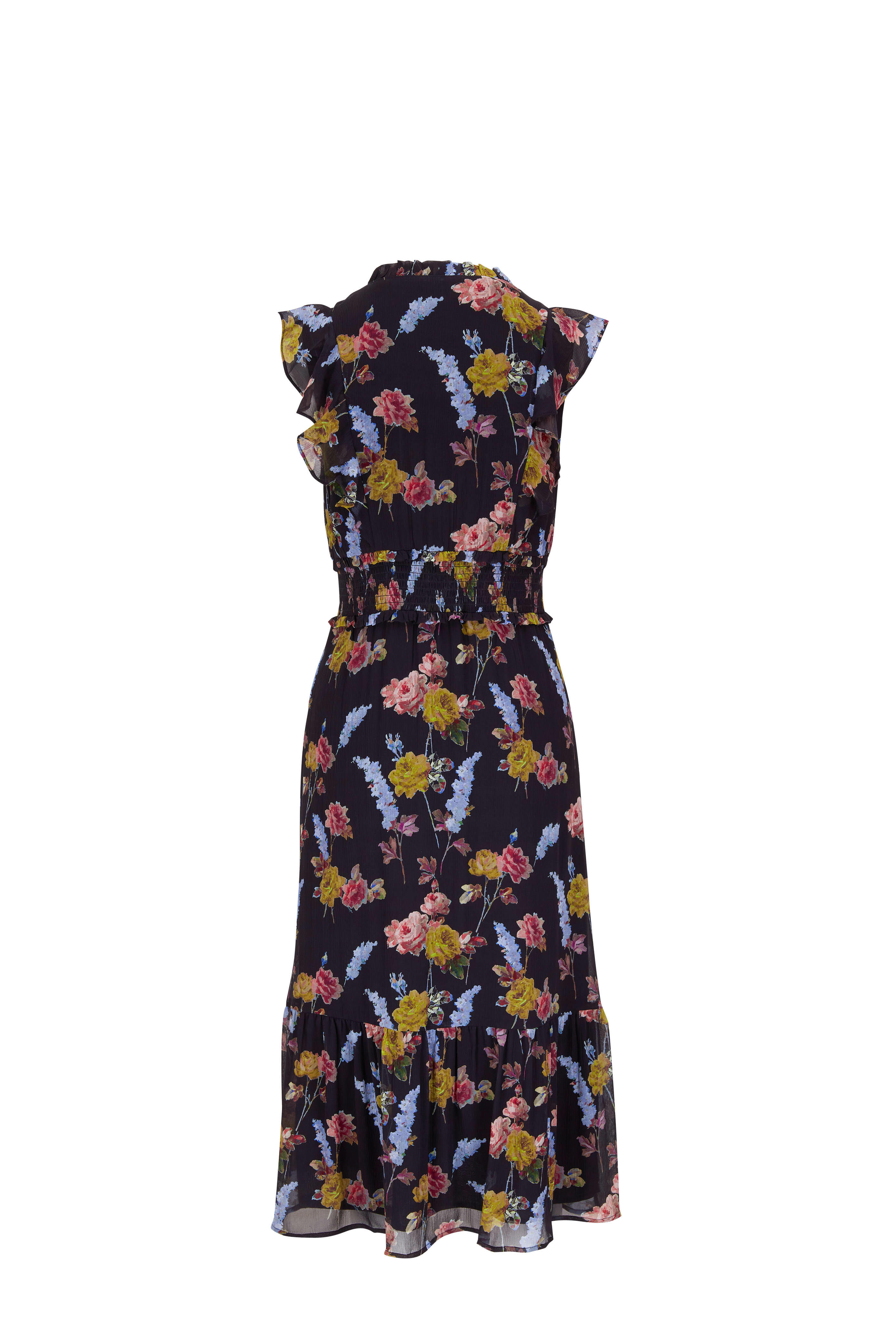Paige - Katharina Silk Black & Floral Print Midi Dress
