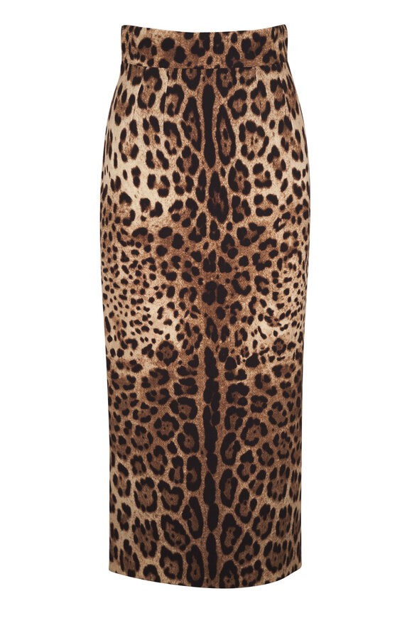 Dolce & Gabbana Light Brown Animal Print Wool Crepe Pencil Skirt