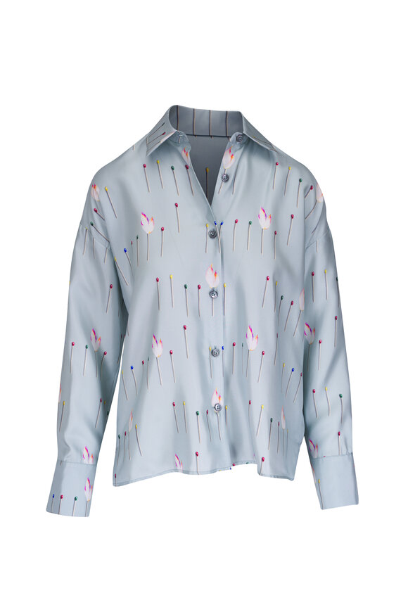 Odeeh Ice Blue Matchstick Print Silk Blouse
