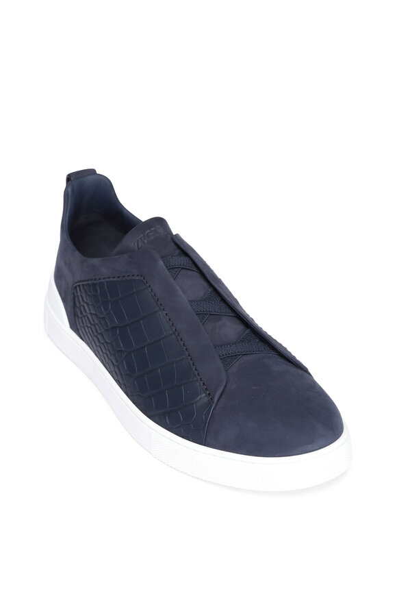 Zegna Triple Stich Navy Suede & Crocodile Sneaker