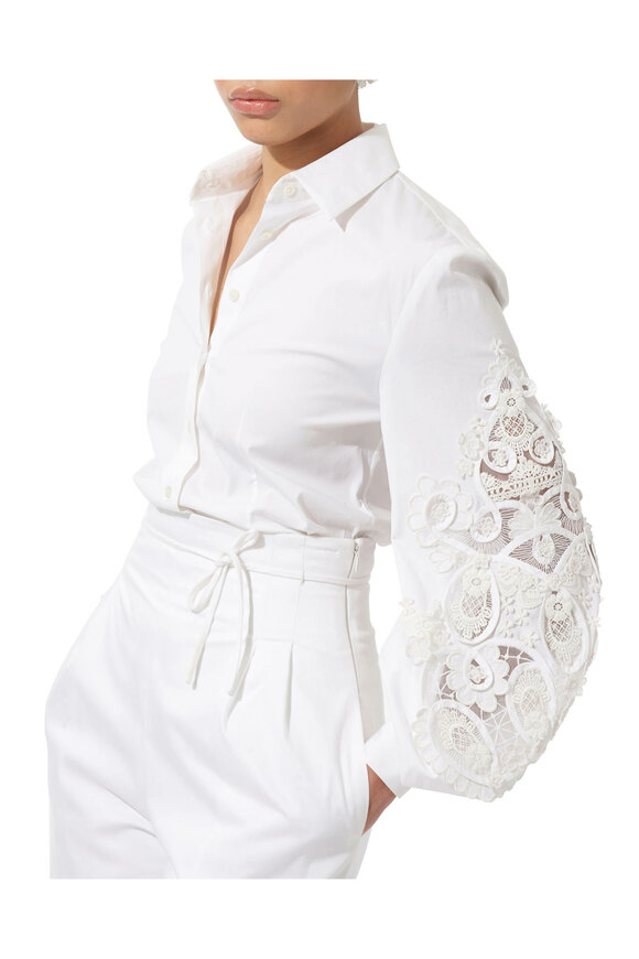 Carolina Herrera - White Cotton Embellished Lace Puff Sleeve Blouse 