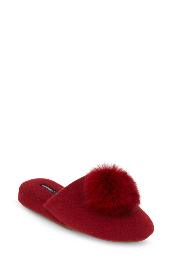 Red Cashmere Wedge Pom Pom Slipper