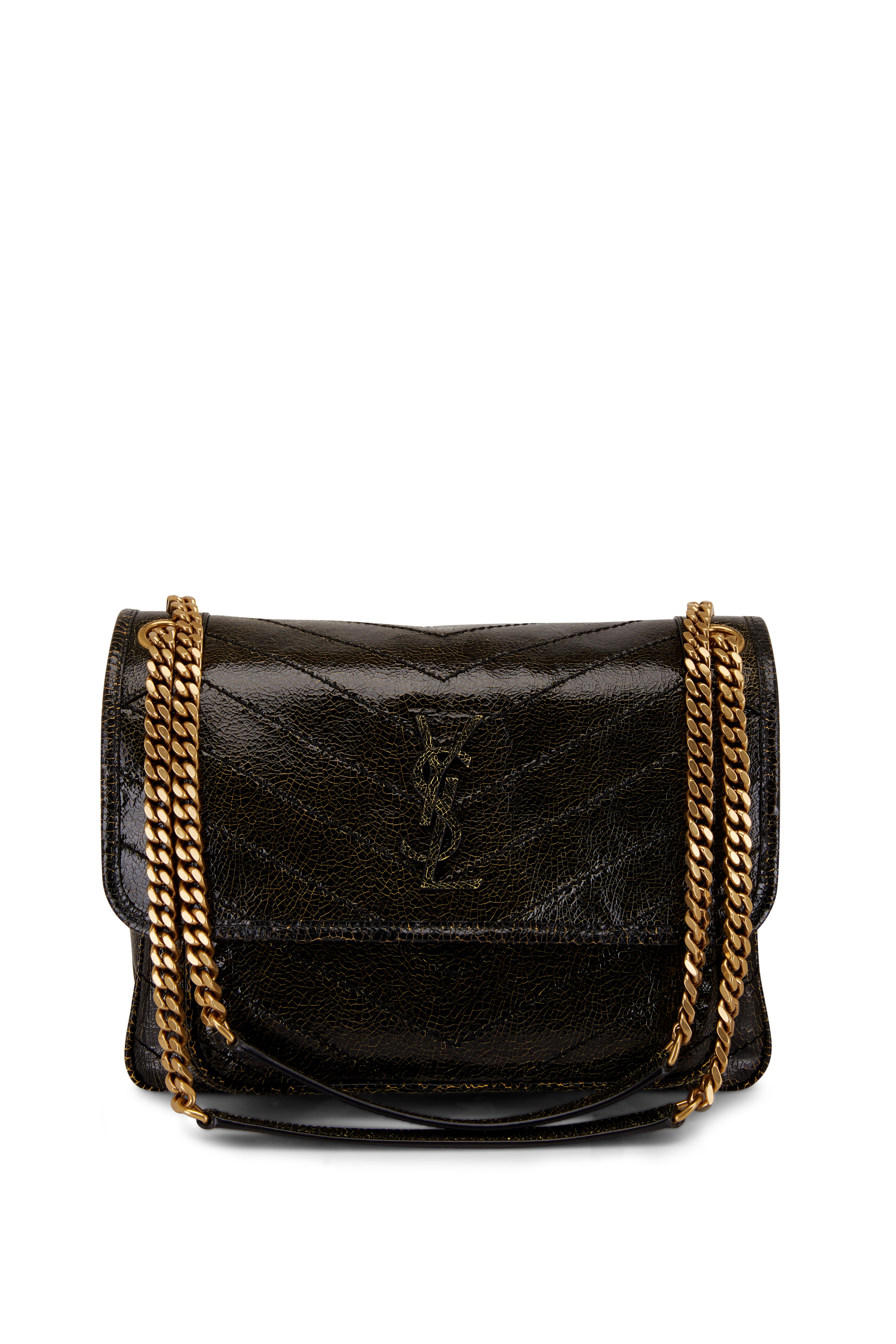 Yves Saint Laurent Embossed Leather Wallet on Chain Shoulder Bag Black