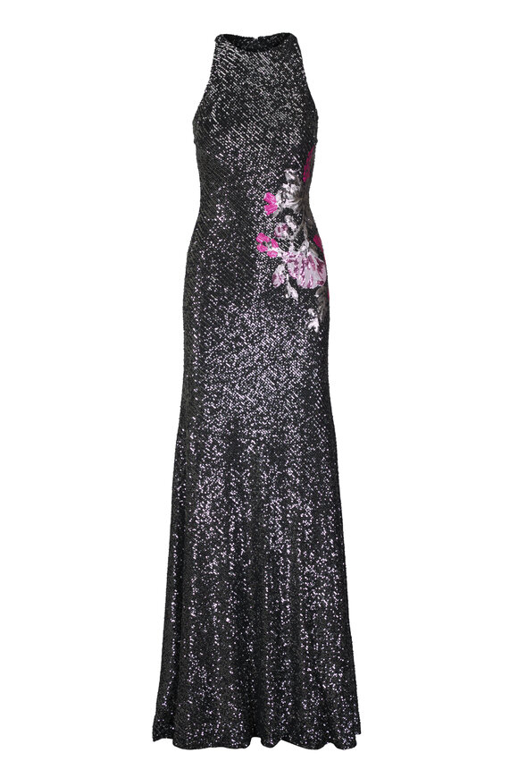 Naeem Khan Floral Applique Stretch Sequin Halter Gown - view 1