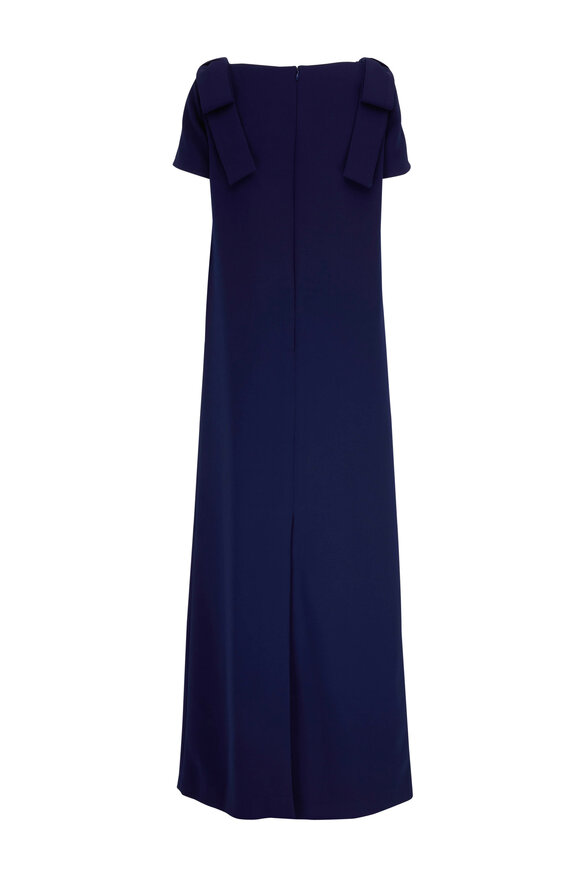 Carolina Herrera - Navy Bateau Neck Bow Shoulder Column Gown