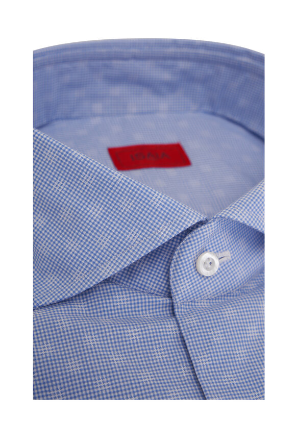 Isaia - Light Blue Textured Micro Check Cotton Dress Shirt