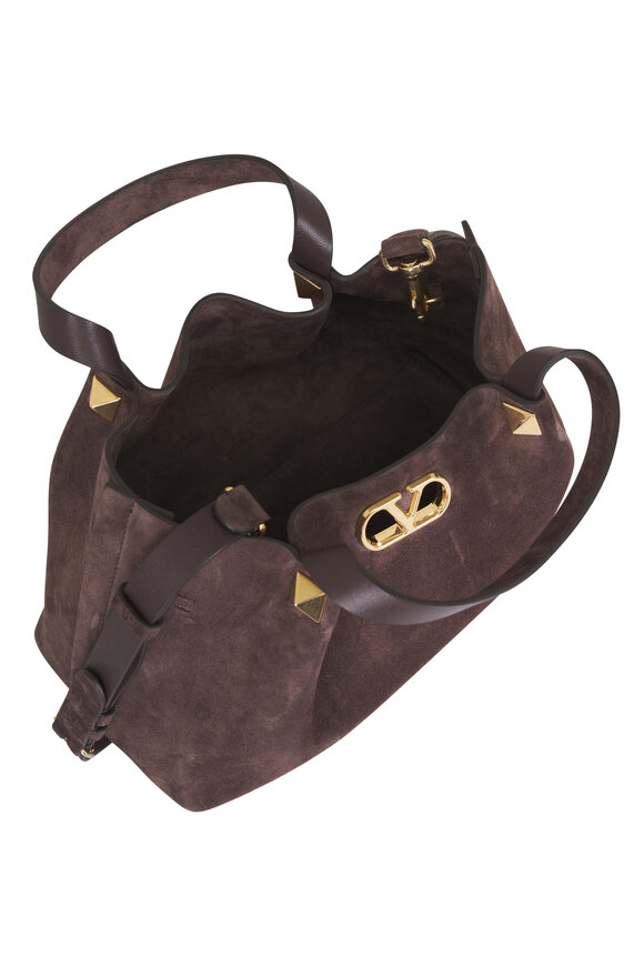Valentino Garavani Small Ebony Brown Suede Shopping Bag - view 5