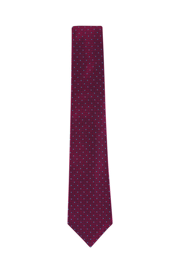 Kiton Red & Light Blue Dot Print Silk Necktie