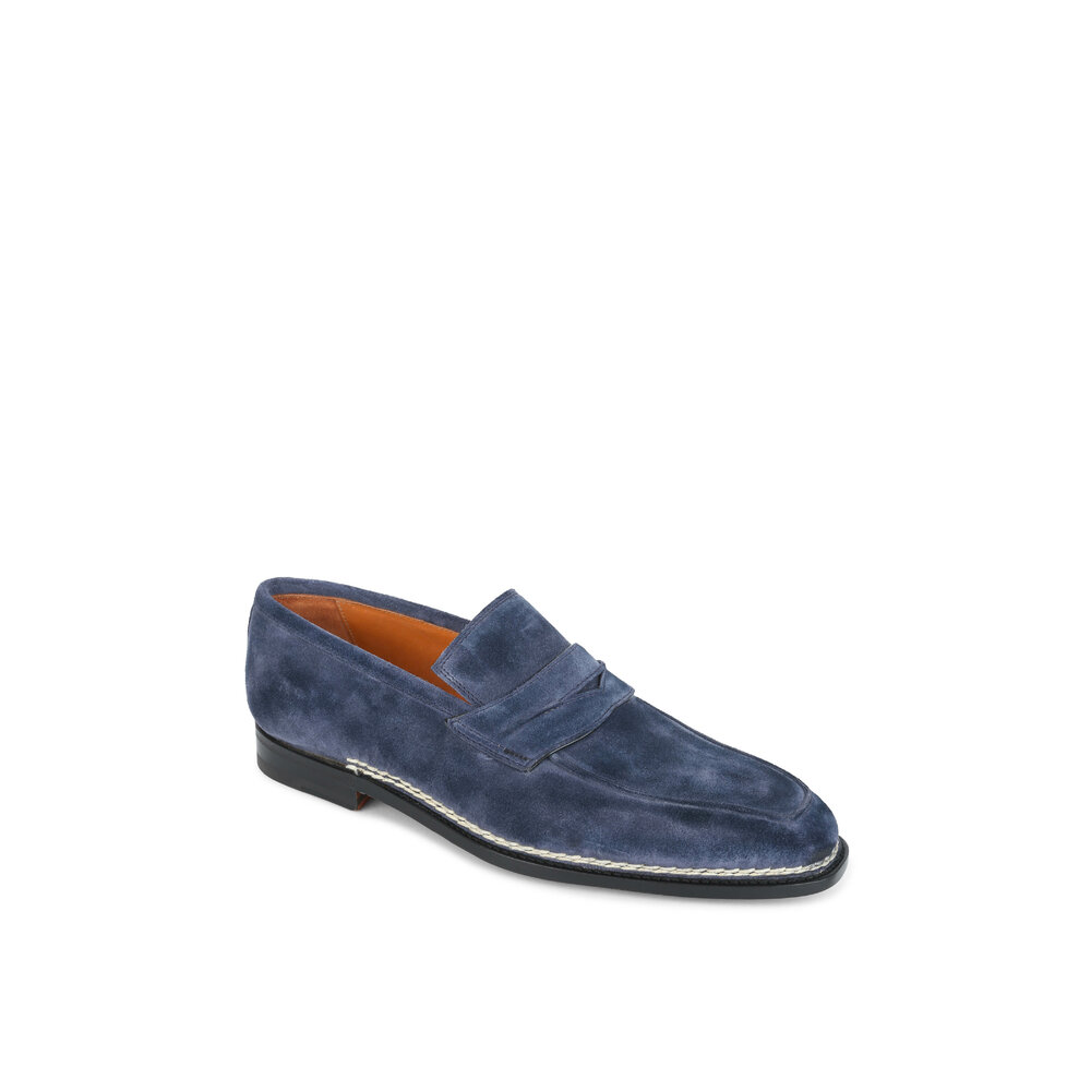 Bontoni - Capitano Navy Blue Suede Penny Loafer | Mitchell Stores