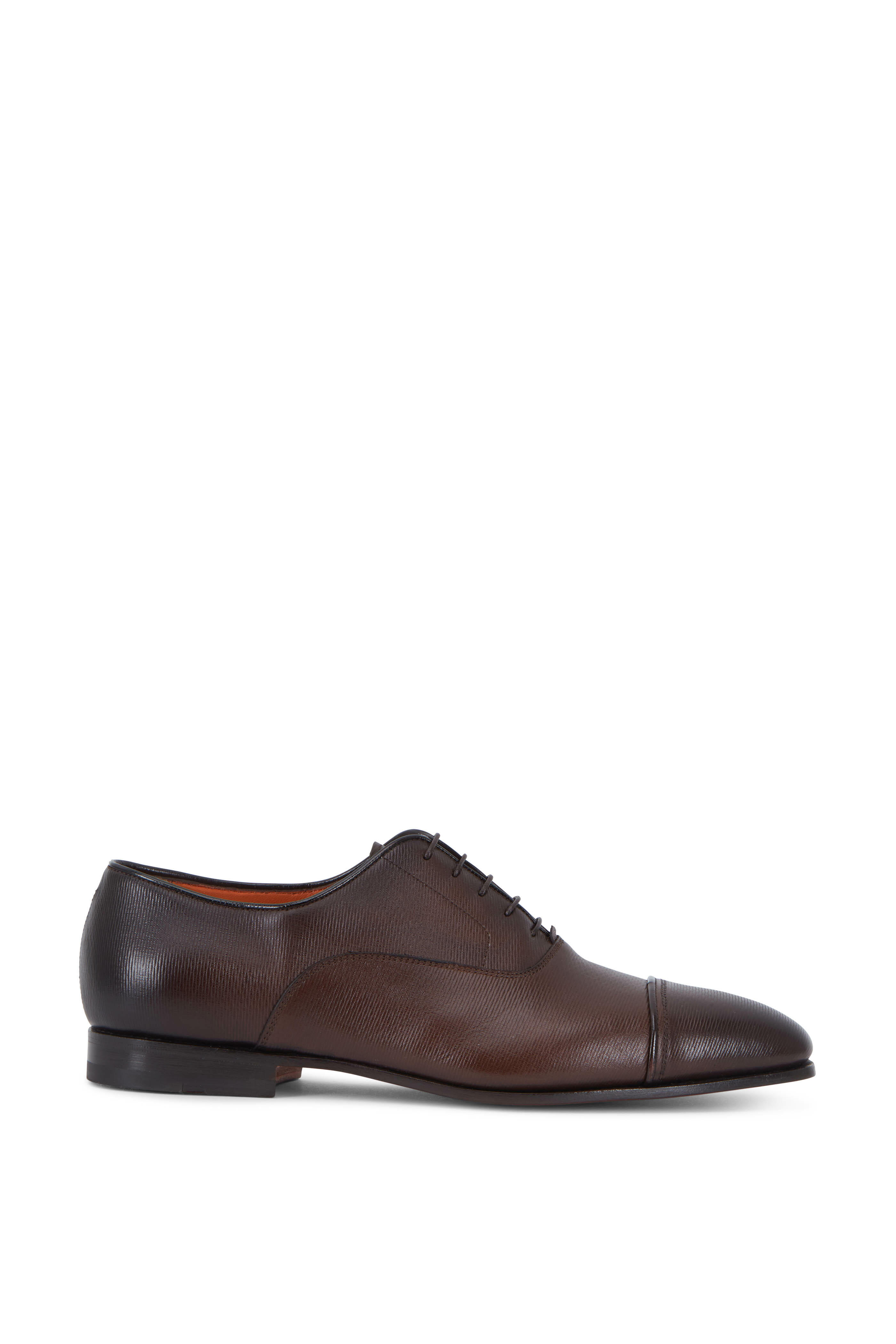 Santoni - Iafet Dark Brown Textured Leather Cap-Toe Oxford