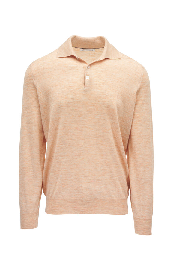 Brunello Cucinelli Apricot Cashmere, Silk & Linen Long Sleeve Polo