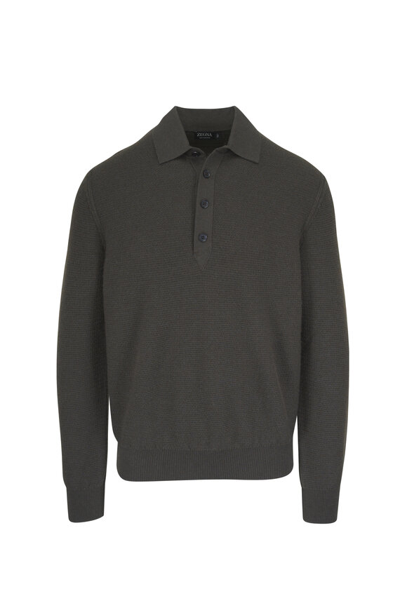 Zegna Dark Olive Cashmere Long Sleeve Polo - view 1