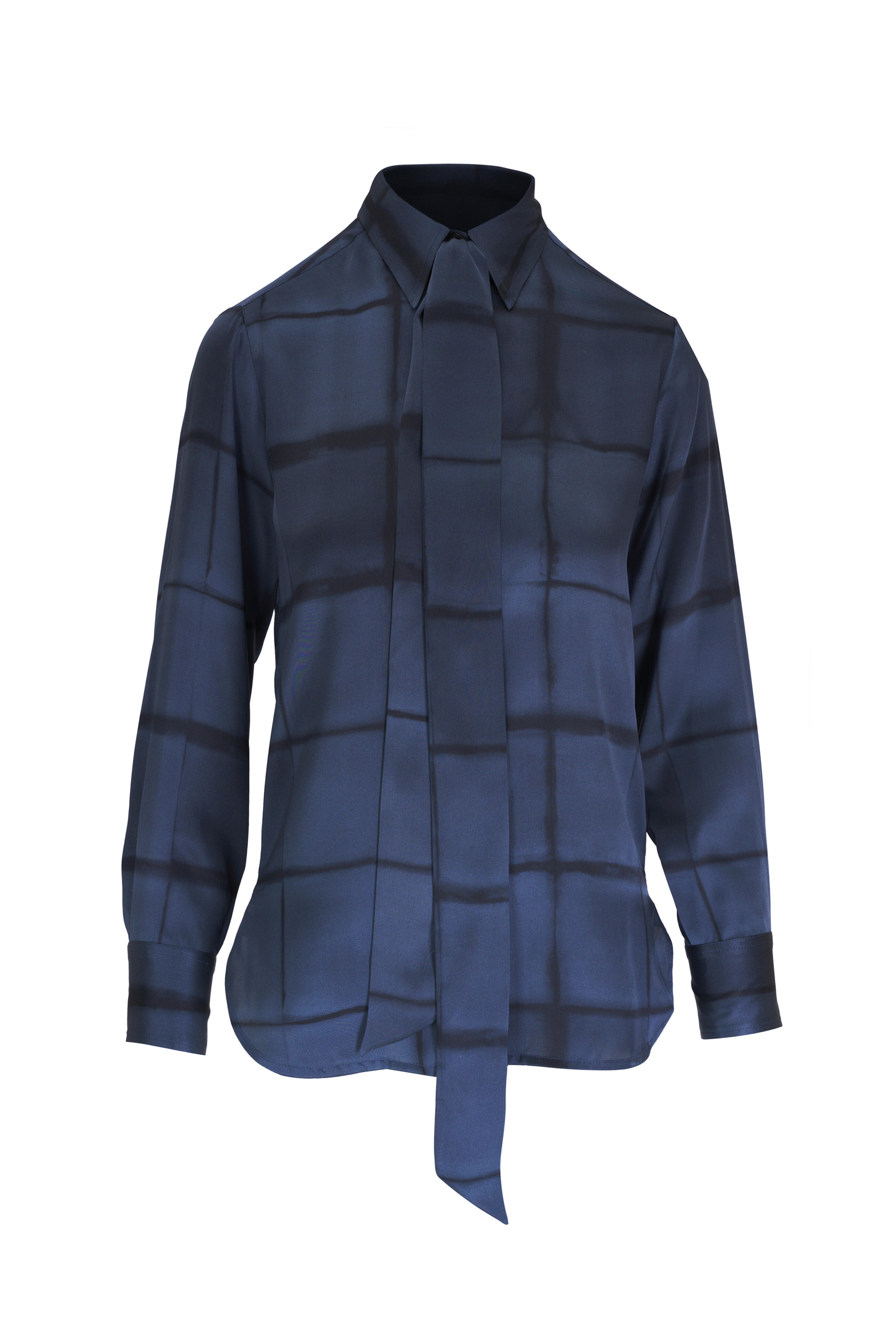 Kiton - Blue Shadow Check Silk Blouse