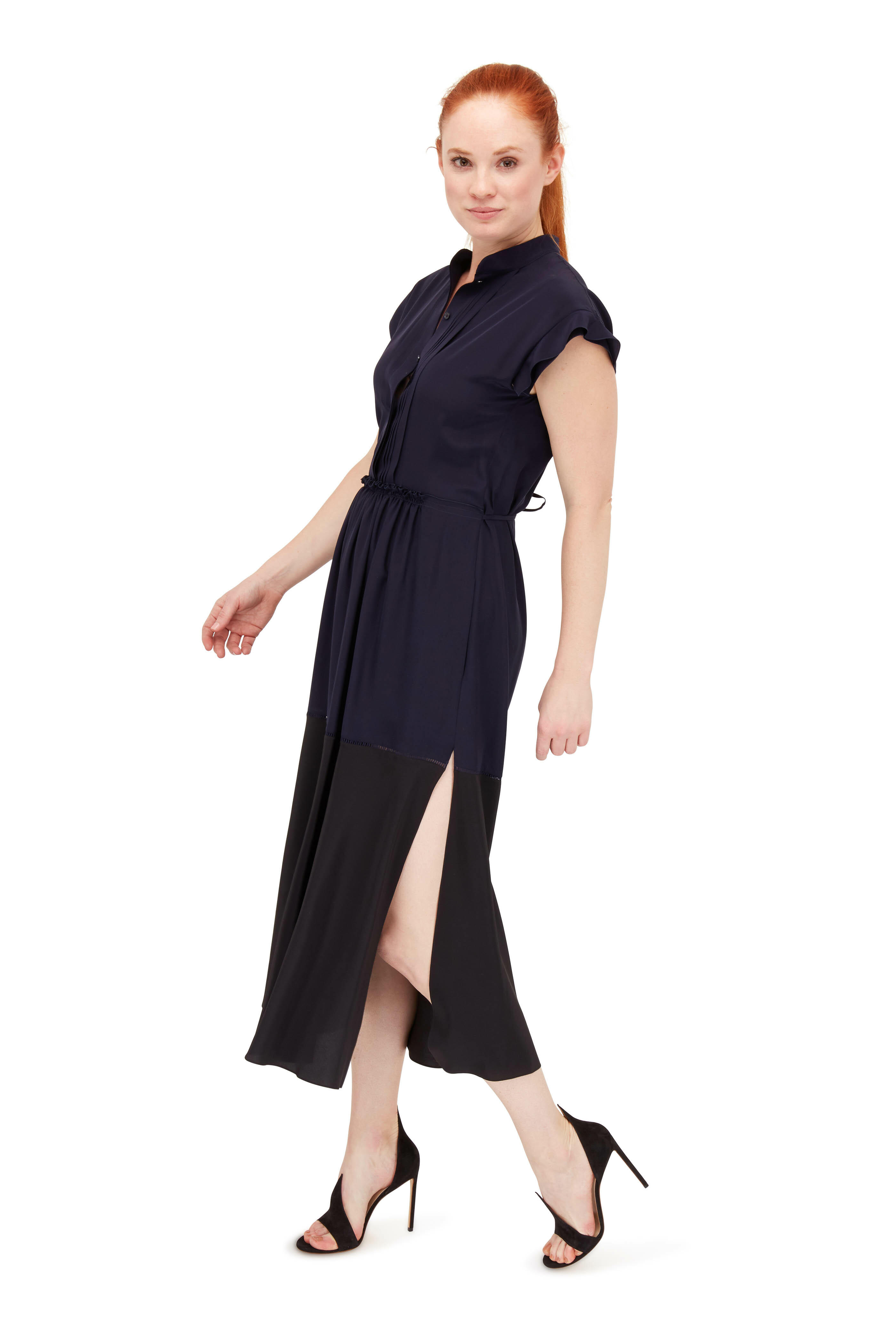 Chloé - Navy & Black Silk Contrast Hem Short Sleeve Dress