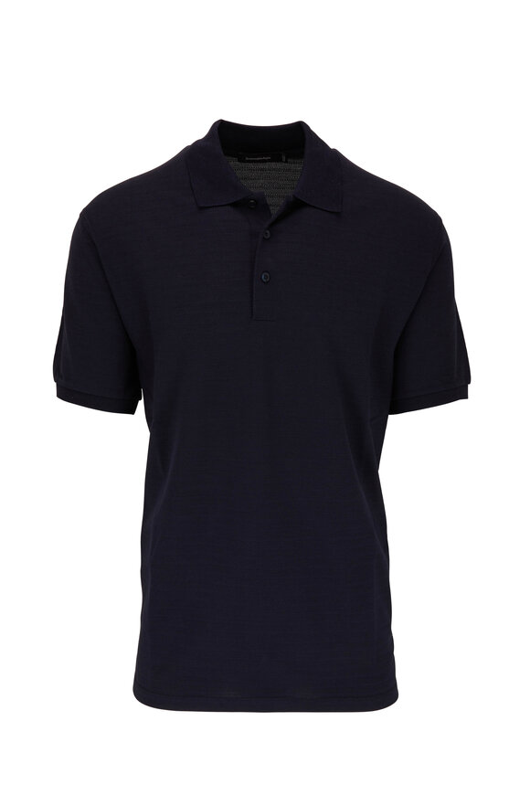 Navy Blue Textured Cotton Blend Polo