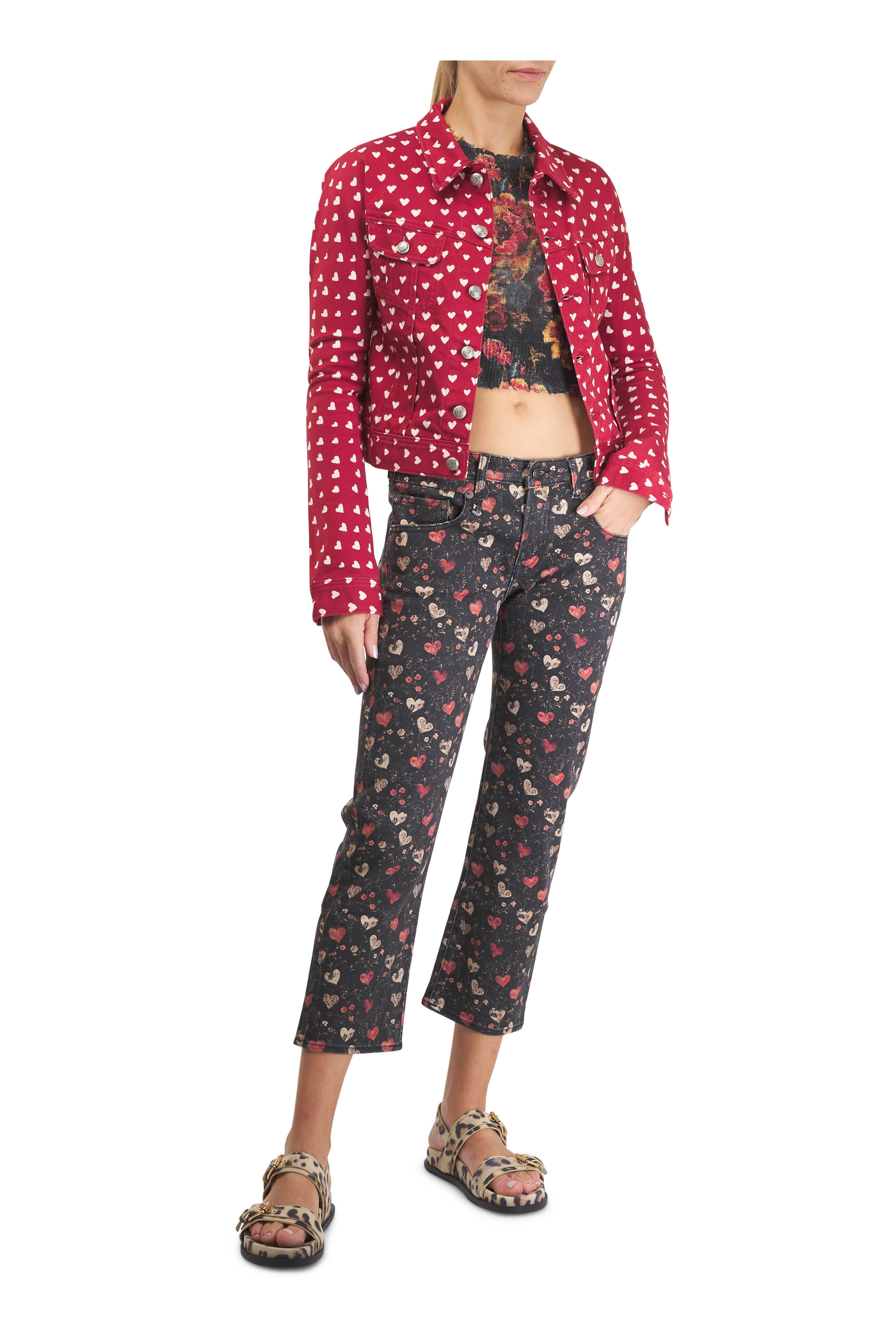 R13 - Red Scattered Hearts Skinny Trucker Jacket