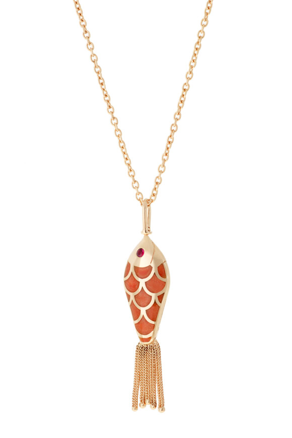 Selim Mouzannar - Coral Enamel, Ruby & Sapphire Fish Charm Necklace