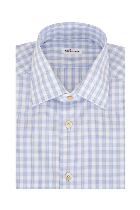 Kiton Light Blue Cotton Check Sport Shirt