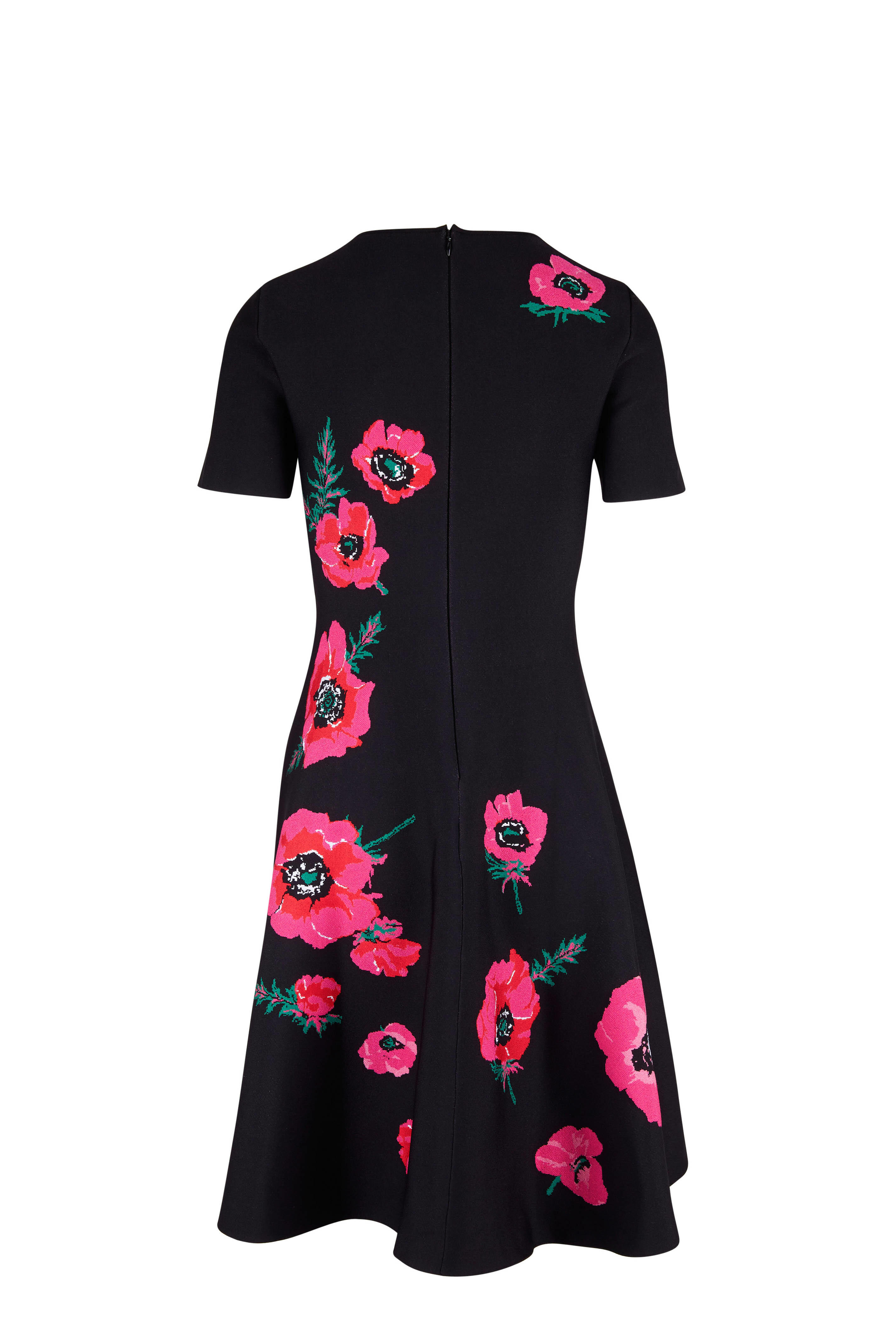 Carolina Herrera - Black Poppy Print Fit & Flare Short Sleeve Dress