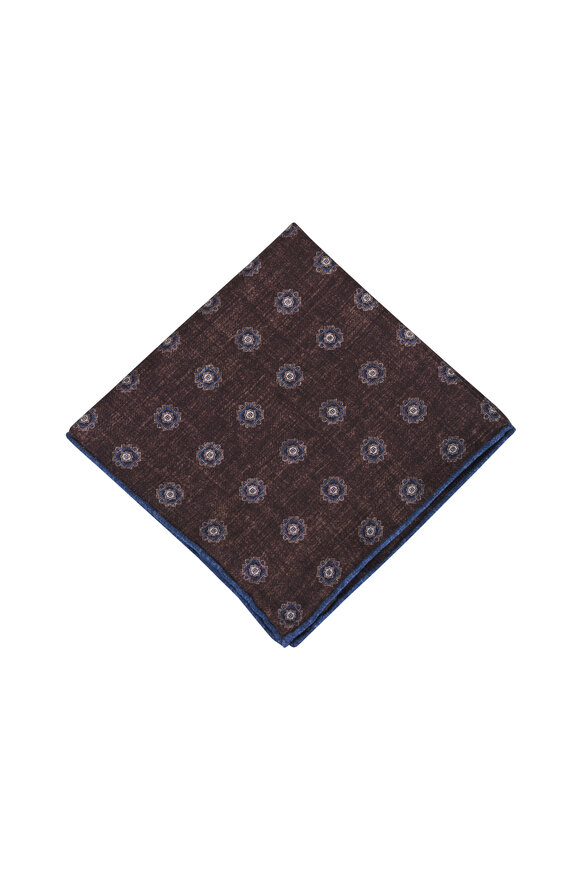 Brunello Cucinelli Blue & Brown Geometric Print Silk Pocket Square - view 2