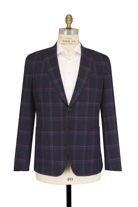 Isaia Navy & Purple Windowpane Wool & Cashmere Sportcoat - view 3