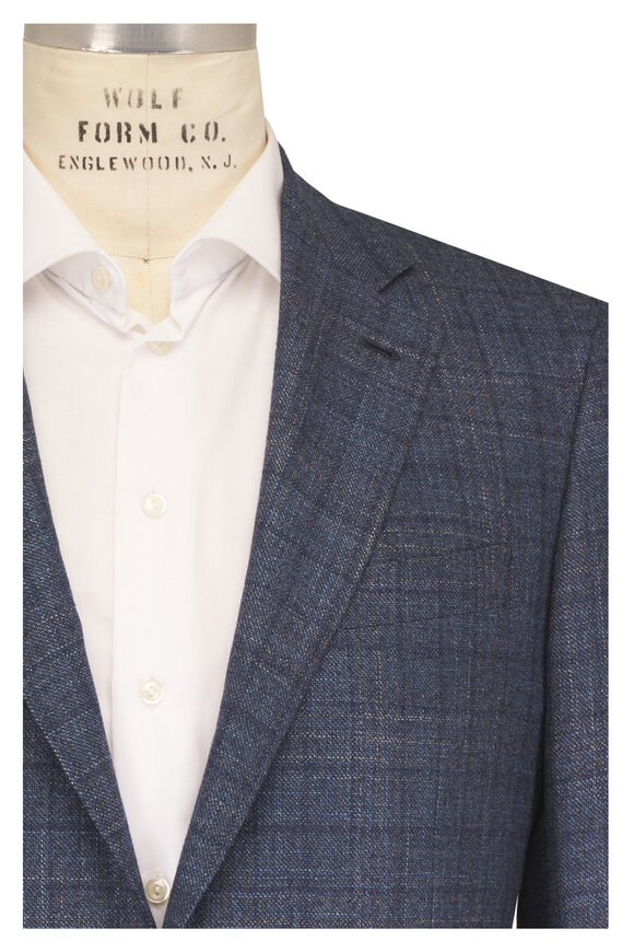 Canali Blue Brushed Plaid Wool, Silk & Cashmere Sportcoat - view 1