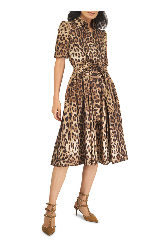 Dolce & Gabbana Animal Print Cotton Poplin Pleated Midi Shirt - view 2