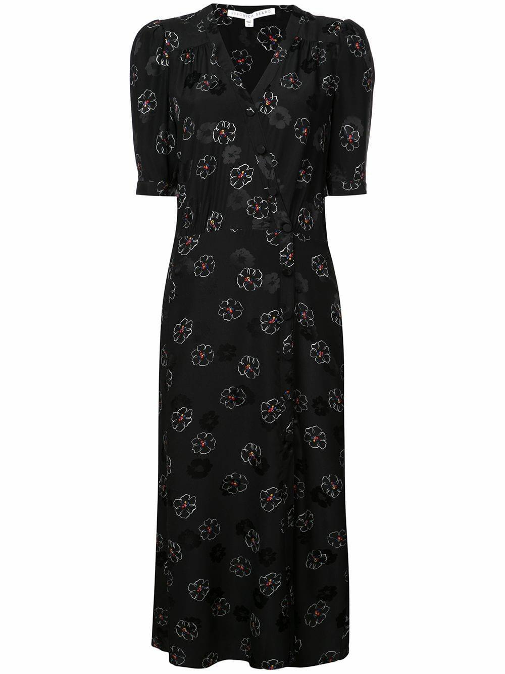 Veronica Beard - Mika Black Floral Print Elbow Sleeve Midi Dress