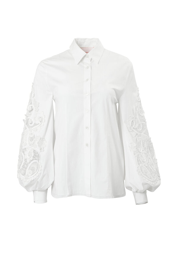 Carolina Herrera - White Cotton Embellished Lace Puff Sleeve Blouse 